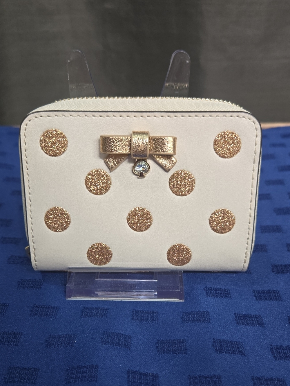 kate spade Cream Zip-Around Wallet with Gold Glitter Polka Dots and Bow Accent - Picture 1 of 9
